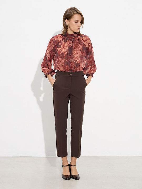 Damen Hoch tailliert Stoff Hose mit Gummizug Brown