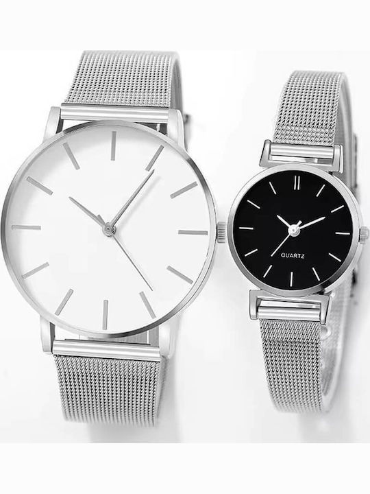 Set Womens Battery Watch With Silver Metal Bracelet