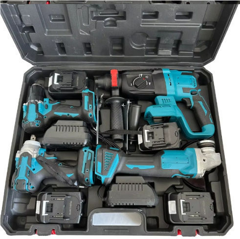 Bisutime 55753034 Set Angle Wheel & Drill Driver & Screwdriver & Hammer 12V with 2 Batteries and Case