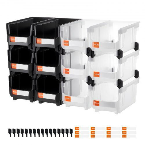 Vevor Plastic Stackable Storage Boxes 37.7 x 21.5 x 18 cm 12 Pack Plastic Containers Organization & Storage Boxes Garage Small Items Office Supplies Other Accessories Black & Transparent