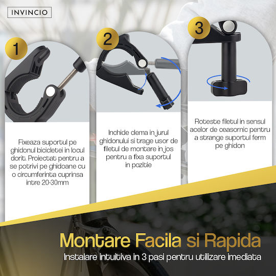 Invincio Ride Suport Reglabil Pentru Ghidon Telefoane Camere De Acțiune Articulații Duble Reglabil 360 Grade Diametru Bară 20-34mm Construcție Compactă Din Aluminiu Aerospațial Sistem Rapid De Montare Compatibilitate Universală Negru