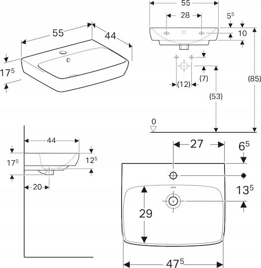 Geberit Selnova Επικαθήμενος Νιπτήρας Πορσελάνης 55x44x17.5cm