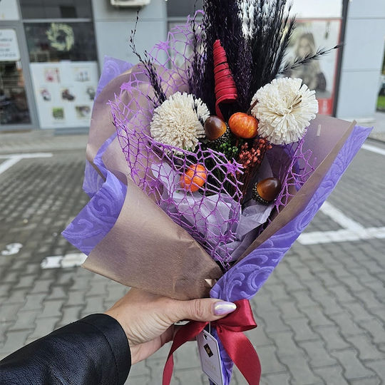 Buchet Floral Halloween Amber Dream Mătură Lagurus Criogen Preservat Detalii Tematice Dovleci Alune de Pădure
