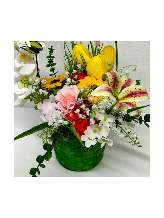 Coș Aniversar Colecție Florală Plante Verzi Orhidee Iris Handmade Lăcrămioare Lalele Floarea Soarelui Săpun Hortensii Într-Un Coș Verde Împletit