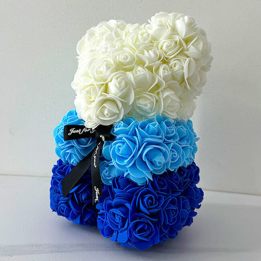 Ursuleț De Pluș Floral Curcubeu Trandafiri Din Spumă Handmade 25 Cm În Cutie Cadou Albastru