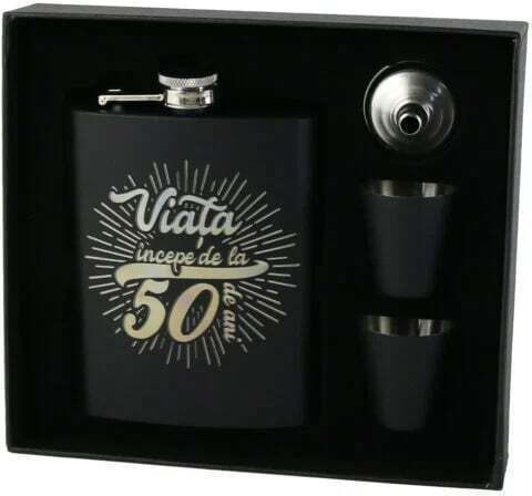 Set Flask "Life Begins At 50" Pâlnie Două Pahare Negre