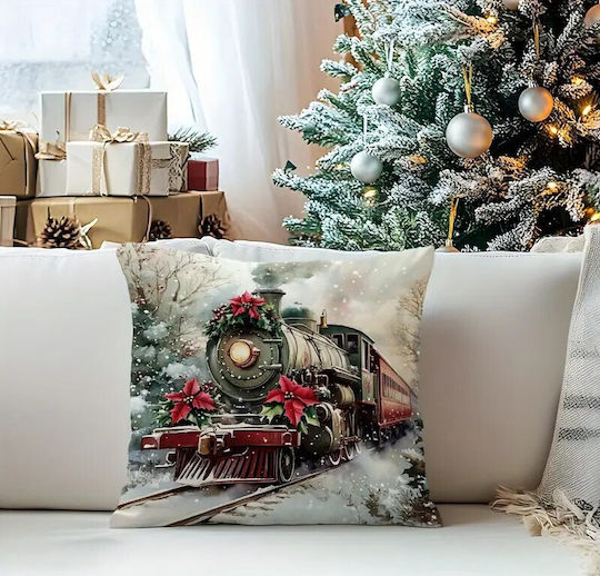 Queen Limited Edition Weihnachtsdekorative Kissen Μαξιλαροθήκη Χριστουγεννιάτικη Velvet Vintage Τρένο & Ποϊνσέτια 45x45εκ