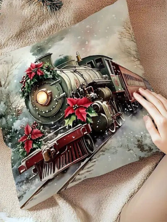 By Queen Limited Edition Christmas Decorative Pillowcase Velvet Vintage Train & Poinsettia 45x45cm