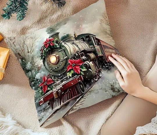 Queen Limited Edition Weihnachtsdekorative Kissen Μαξιλαροθήκη Χριστουγεννιάτικη Velvet Vintage Τρένο & Ποϊνσέτια 45x45εκ