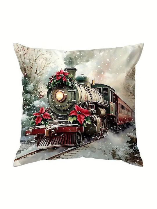By Queen Limited Edition Christmas Decorative Pillowcase Velvet Vintage Train & Poinsettia 45x45cm