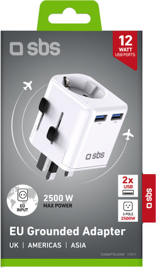 SBS Αντάπτορας Πρίζας από Universal σε Universal με 2 Θύρες USB