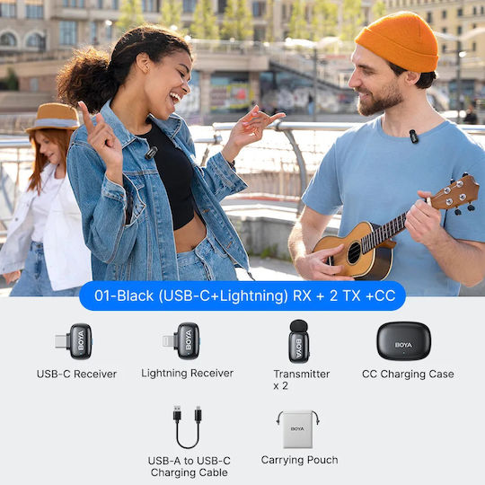 Boya mini 2 Lightning & Type-C Σετ Ασύρματο Δυναμικό Μικρόφωνο Πέτου, Clip On Δημοσιογραφικό