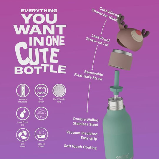 Asobu Stainless Steel Kids Water Bottle Thermos with Straw Asobu Bestie Reindeer 460ml