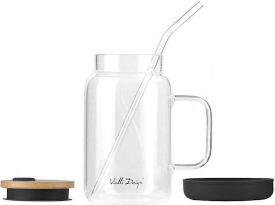 Vialli Design Glas Wasser aus Glas mit Strohhalm 600ml