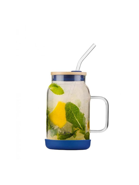 Vialli Design Glass Water made of Glass in Blue Color with straw 600ml