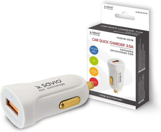 Savio Car Charger 3A Fast Charging with One Port 1xUSB White Color