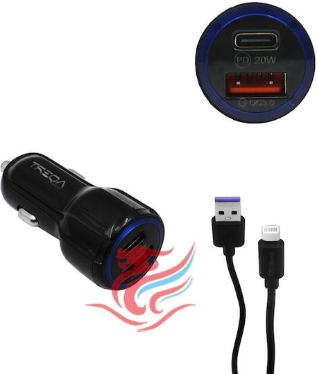 Treqa Auto-Ladegerät 20W Schnellladung mit Anschlüssen: 1xUSB 1xType-C