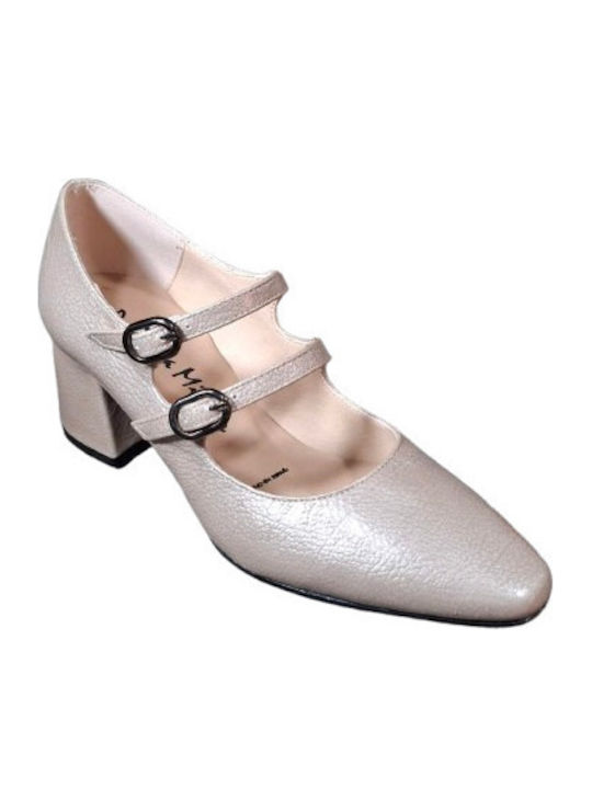 Leather Beige Medium Heels with Strap