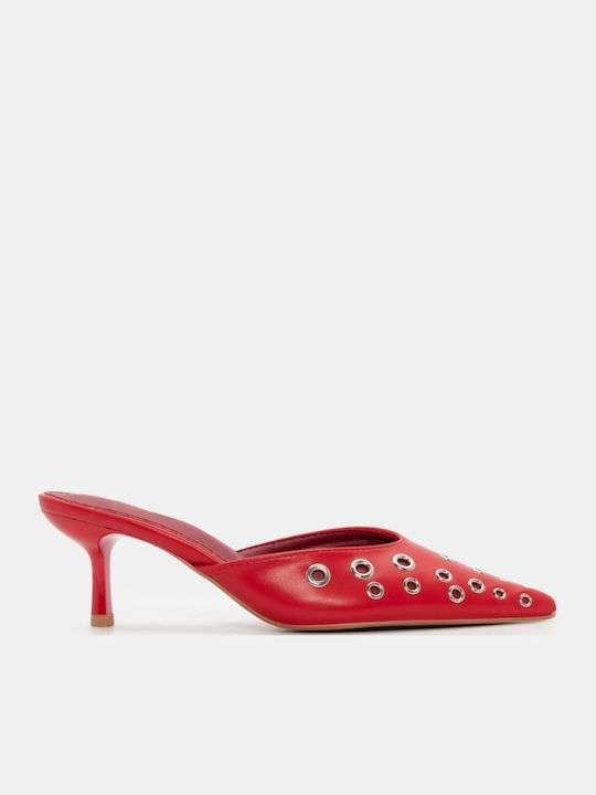 Mules with Thin High Heel in Red Color