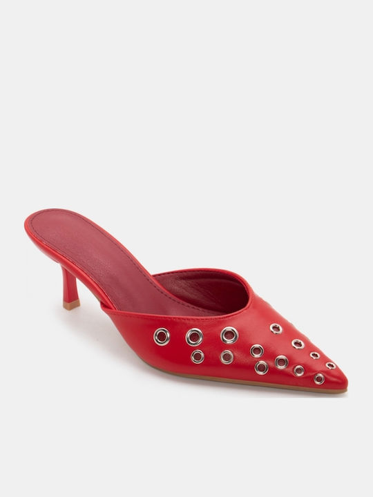 Mules with Thin High Heel in Red Color