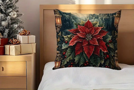 By Queen Limited Festive Edition Pillow Case Peach Skin Velvet With Poinsettia Design 45x45cm