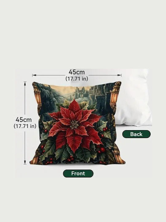 By Queen Limited Festive Edition Pillow Case Peach Skin Velvet With Poinsettia Design 45x45cm