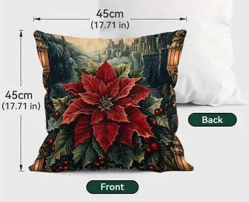 By Queen Limited Festive Edition Pillow Case Peach Skin Velvet With Poinsettia Design 45x45cm