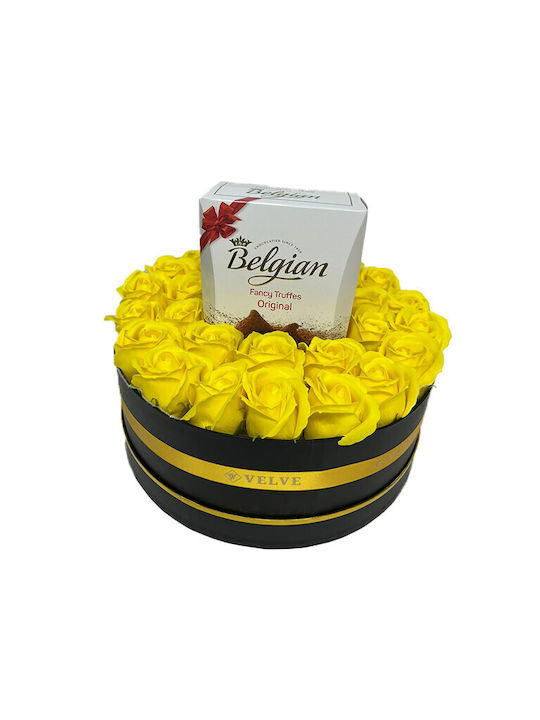 Floral Arrangement In A Round Box Soap Roses Belgian Truffles Scented Dried Flowers Yellow