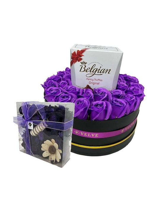 Aranjament Floral În Cutie Rotundă Trandafiri Săpun Ciocolată Belgiană Flori Uscate Parfumate Mov