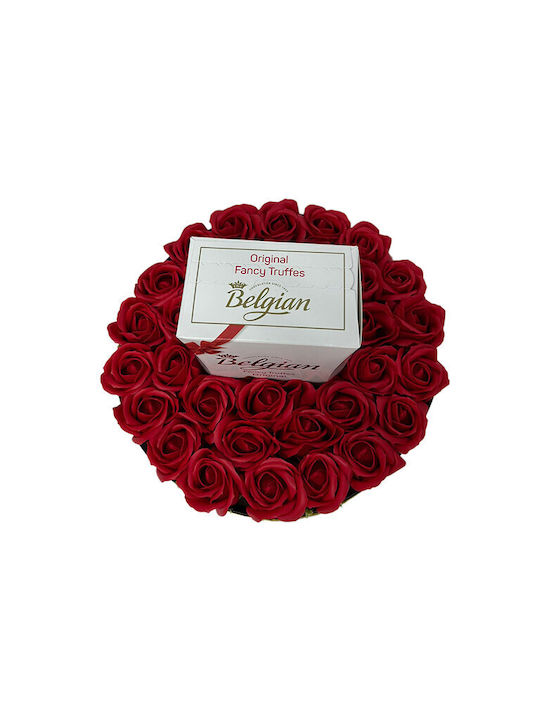 Aranjament Floral În Cutie Rotundă Trandafiri Săpun Trufe Belgiene Flori Uscate Parfumate Roșii
