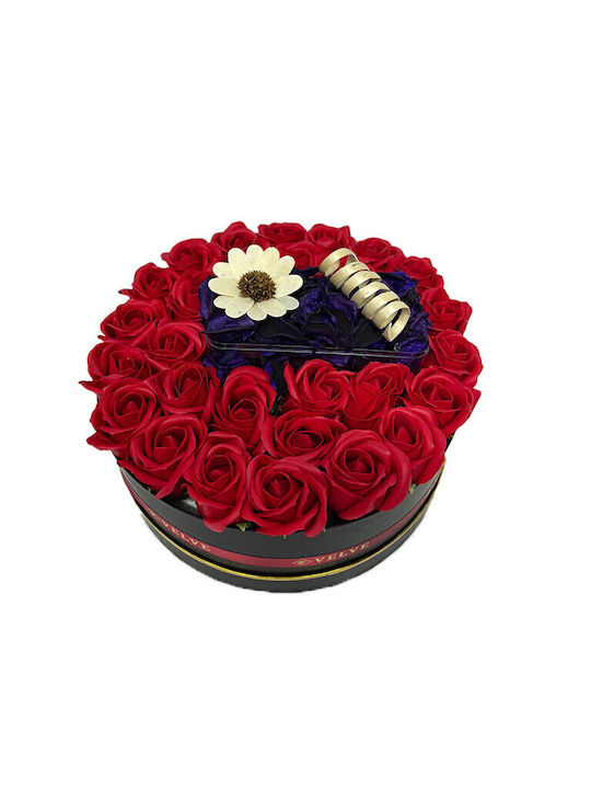 Aranjament Floral În Cutie Rotundă Trandafiri Săpun Trufe Belgiene Flori Uscate Parfumate Roșii