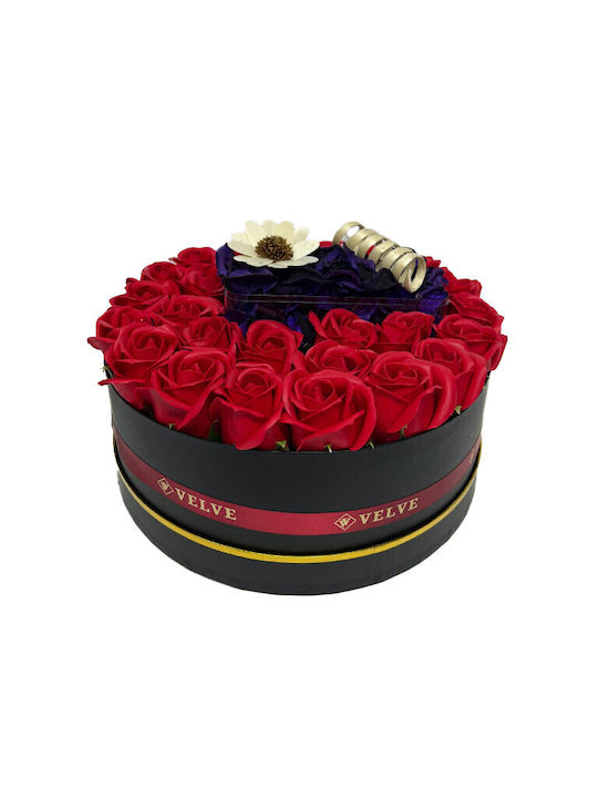 Aranjament Floral În Cutie Rotundă 27 Trandafiri Săpun Flori Raffaello Praline 40g Kinder Bueno 43g Baton Kitkat 80g Flori Uscate Parfumate Roșii