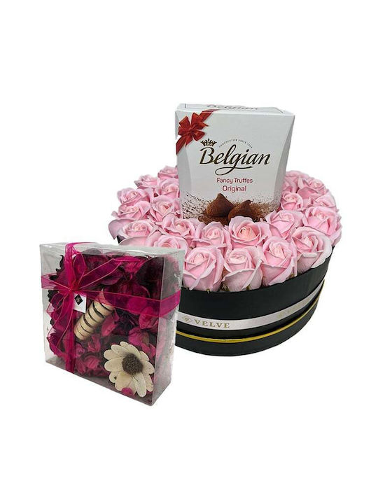Aranjament Floral În Cutie Rotundă Trandafiri Săpun Trufe Belgiene Flori Uscate Parfumate Roz