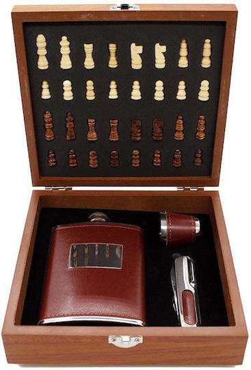 Set Cadou pentru Bărbați Vlv Cutie Piese de Șah Tirbușon Sticlă de Băut Pahar Îmbrăcată în Eco-piele Maro 20x18x6cm