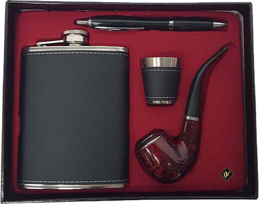 Men's Gift Set Vlv 4 Pieces Including Flask Pipe Pen Glass Black