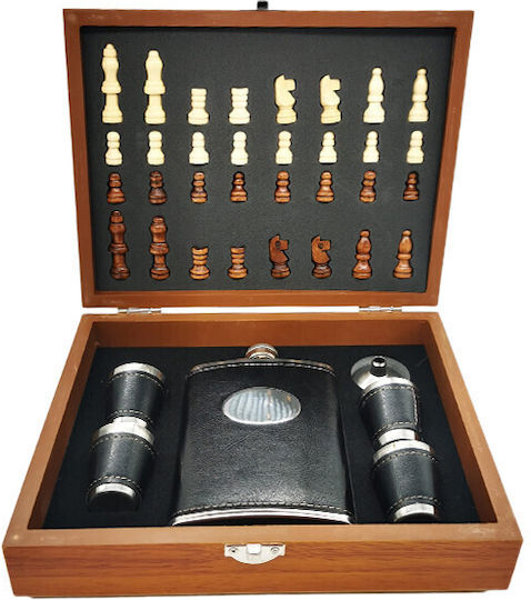 Set Giftsdrink Men Box Piesă de Șah Ploscă 4 Pahare Acoperite cu Piele Ecologică Negre