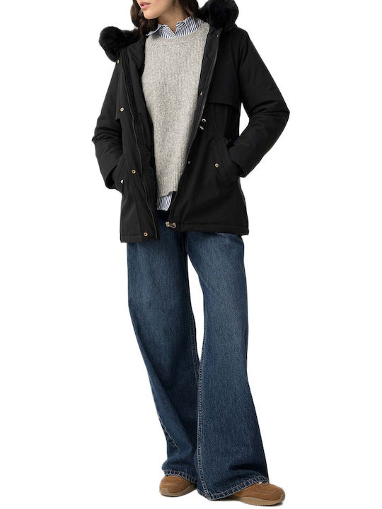 Women's Parka Jacket Waterproof and Windproof for Winter with Hood Black
