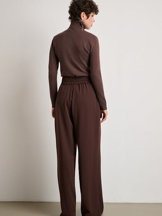 Women's High-waisted Fabric Trousers with Elastic Regular Fit Brown