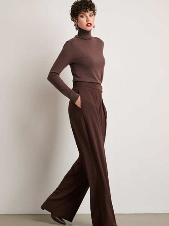Women's High-waisted Fabric Trousers with Elastic Regular Fit Brown