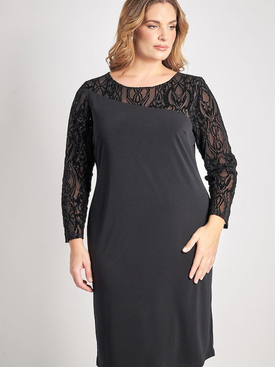 Midi Abendkleid mit Spitze & Transparenz Schwarz