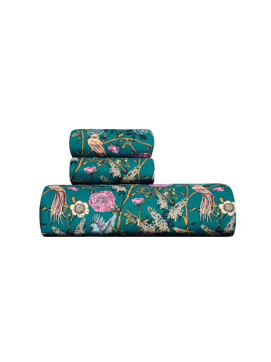 Kentia Duvet Cover Set Cotton Queen with 2 Pillowcases 220x240 Aperry Emerald Green - Pink - Warm Yellow