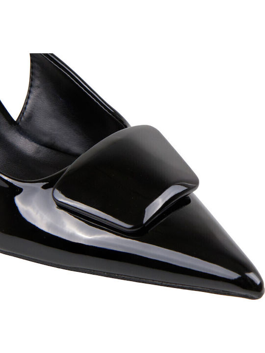 Patent Leather Pointed Toe Black Heels with Strap