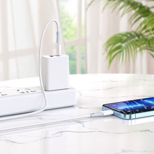 Hoco X70 Плетена USB-C към Lightning кабел 20W Бял 1м