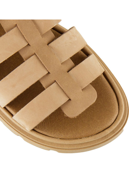 Leather Women's Flat Sandals Gladiator Flatforms in Brown Color