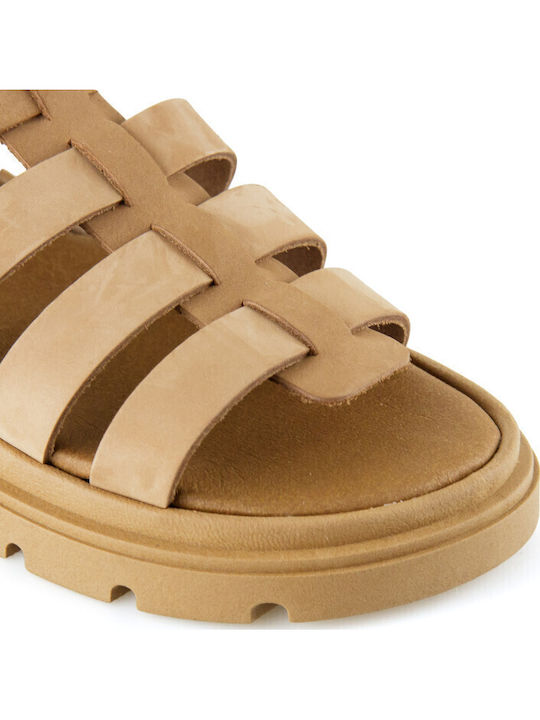 Leather Women's Flat Sandals Gladiator Flatforms in Brown Color
