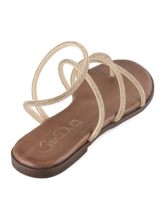 Leather Women's Flat Sandals in Gold Color