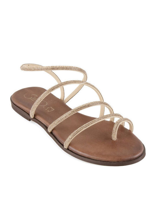 Leather Women's Flat Sandals in Gold Color