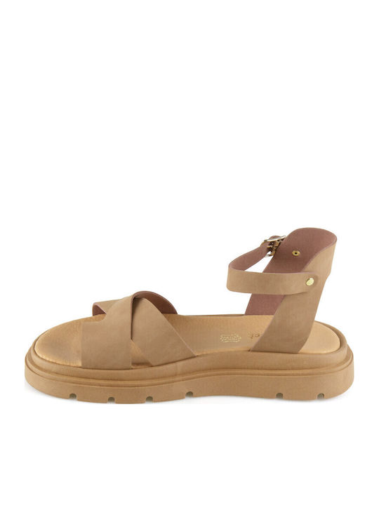 Δερμάτινα Γυναικεία Σανδάλια Flatforms Καφέ
