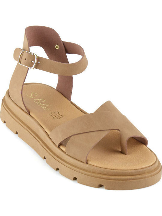 Δερμάτινα Γυναικεία Σανδάλια Flatforms Καφέ
