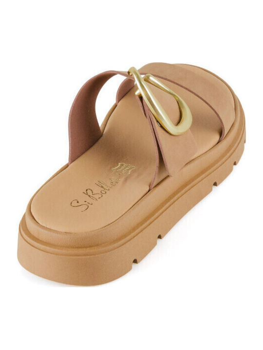 Leather Women's Flat Sandals Flatforms in Brown Color